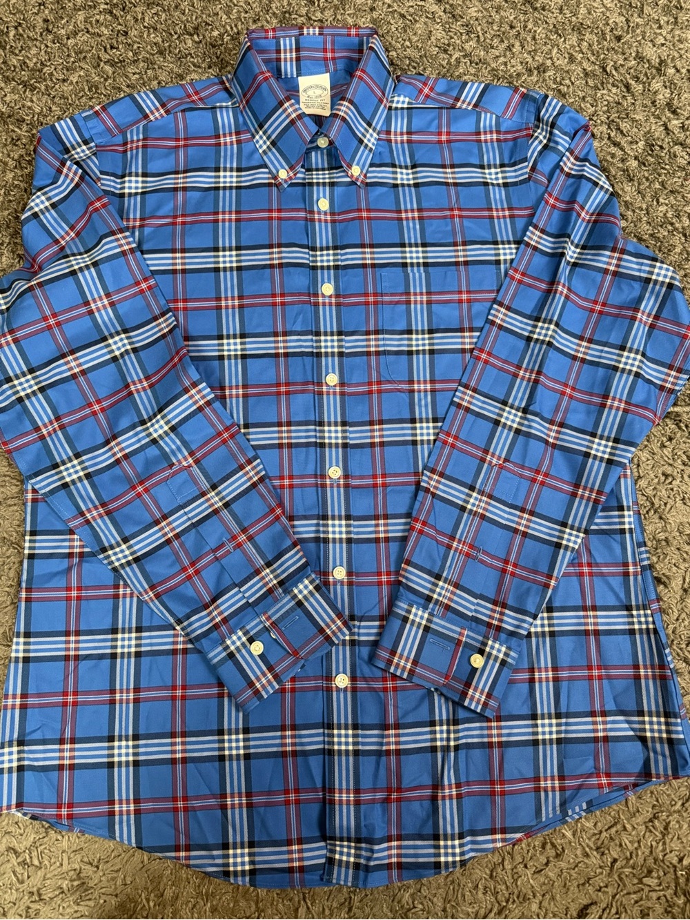 Brooks Brothers Regent Fit Blue Plaid Button-Down Shirt with Red and White. Sz L